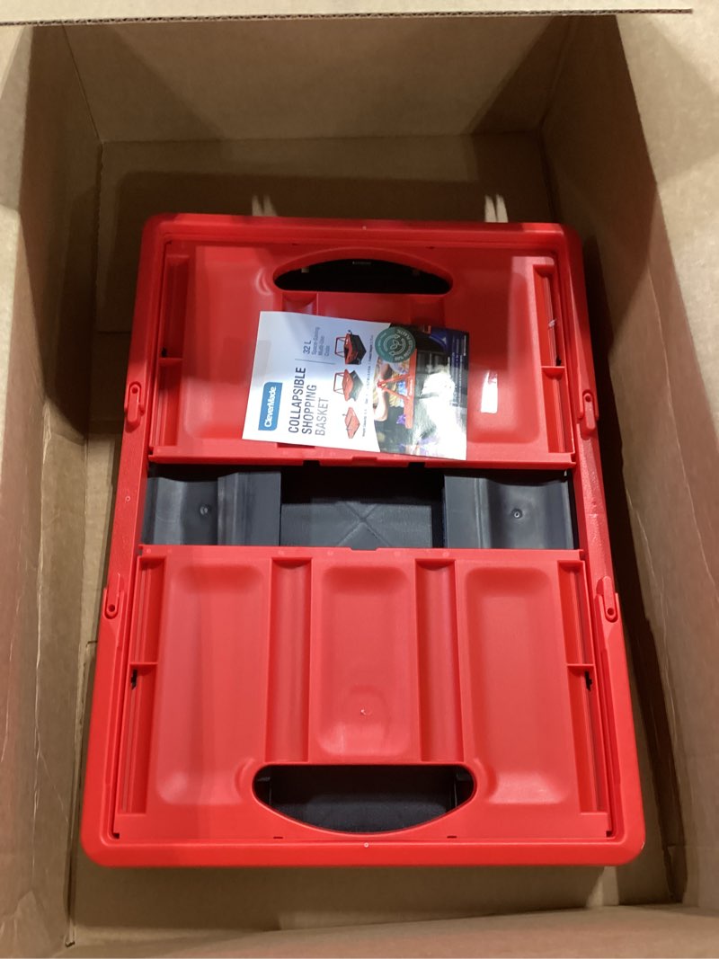 clevermade collapsible shopping basket 32l – folding grocery basket with handles, stackable reusable storage crate with 35 lb capacity, recycled plastic, car trunk organizer - red red 32l - 1 pack