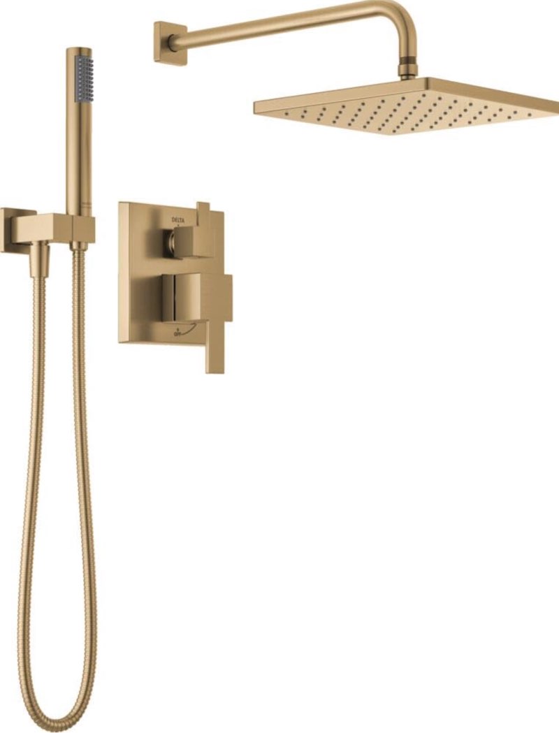 Delta Faucet Modern Raincan 2-Setting Square Shower System Including Rain Shower Head and Handheld Spray Gold, Rainfall Shower System Gold, Shower Valve and Trim Kit, Champ