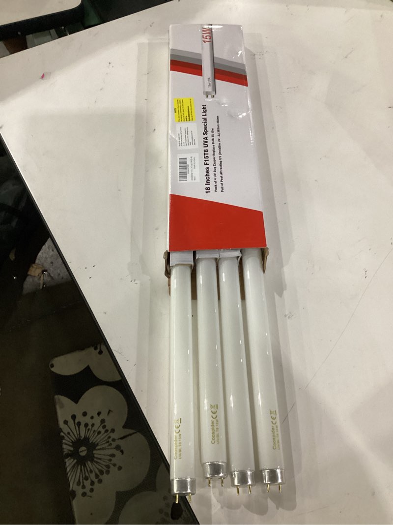 Condition photo showing Good Condition for not tested**** 4 pcs 15w 18 inch replacement uv bulb f15t8/bl uva 365nm fluorescent light bulbs for 30w indoor bug zapper, f15t8 black light bulbs for indoor outdoor mosquito & flying insect zapper lamp white 15w bzl-4p