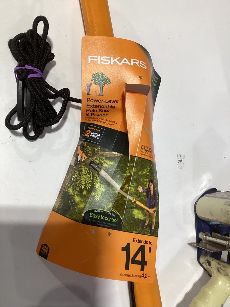 Condition photo showing Good Condition for fiskars 7ft-14ft power-lever extendable pole saw and tree pruner, lawn and garden tools, black/orange