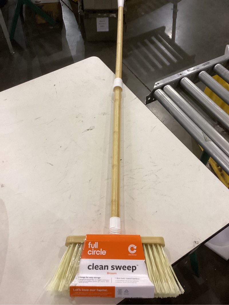 Condition photo showing New/Like New for Full Circle Clean Sweep Bamboo Broom - Angled for Precision in Tight Spaces, with Recycled Stiff Bristles for Indoor & Outdoor Cleaning - Ideal for Pet Hair, Kitchen, Hardwood, and Garage Broom White