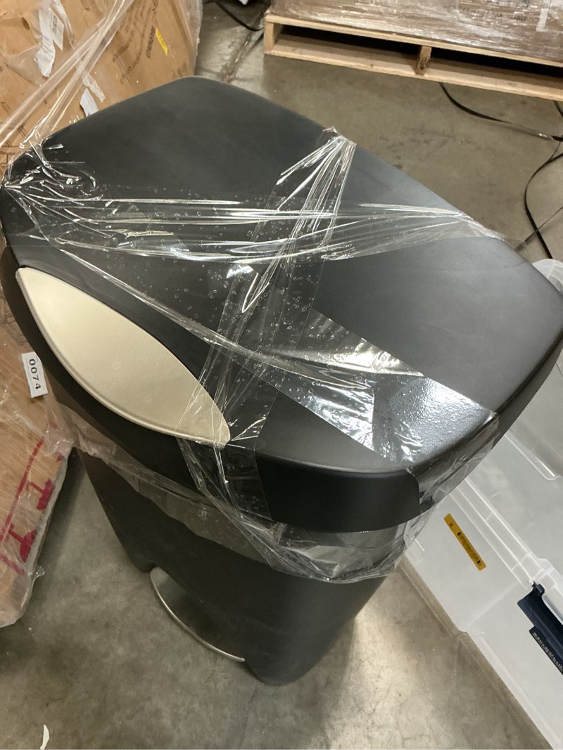 Condition photo showing As Is for moxie 13 gallon black plastic indoor kitchen step trash can