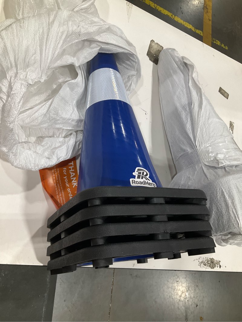 Condition photo showing Good Condition for roadhero 4 pack traffic safety cones 18 inch with black weighted base, plastic pvc blue traffic cone with reflective collar for parking lot, construction events, road safety 18 inch blue 4