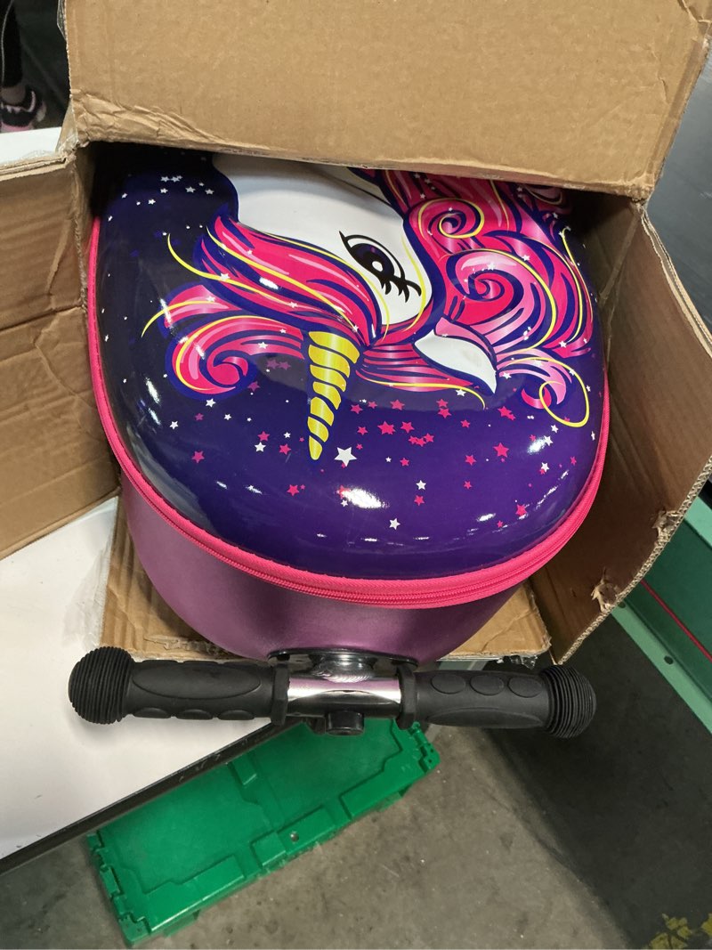 Condition photo showing Good Condition for kiddietotes ride-on scooter suitcase for kids – hardside lightweight carry-on luggage with foldable scooter, led wheels, travel fun for toddlers & children unicorn