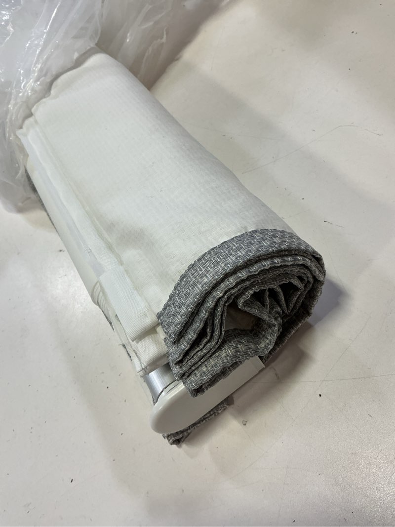 Condition photo showing As Is for Madison Park Galen Cordless Roman Shade, 23"W x 64"H, Sheen Grey – Room Darkening, Thermal Insulated, Energy Efficient Window Blind with Subtle Sheen Basketweave Fabric for Privacy Room Darkening Basketweave Sheen Grey 23"W x 64"H