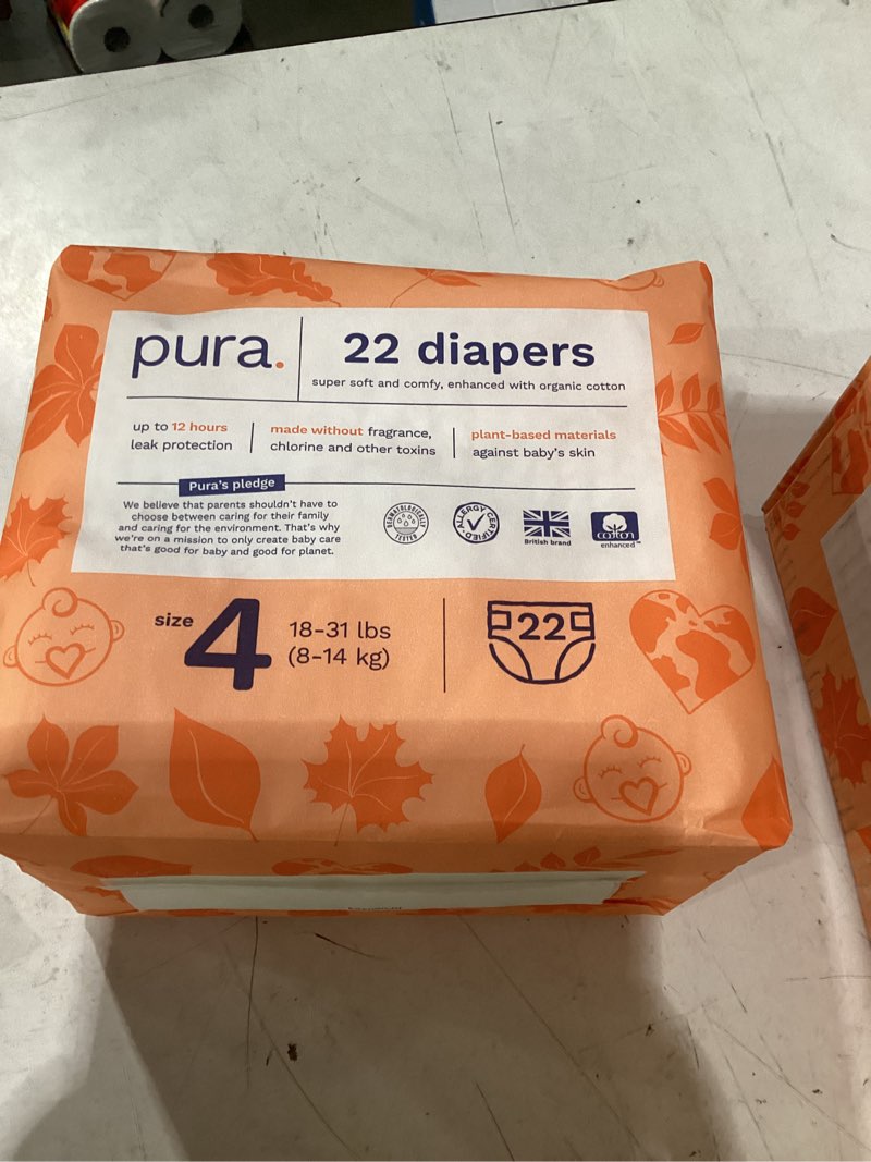 Condition photo showing New/Like New for pura size 4 eco-friendly diapers (18-31lbs) totally chlorine free (tcf) hypoallergenic, soft organic cotton, sustainable comfort, up to 12 hours leak protection, allergy uk, 22 diapers (pack of 1) size 4 (22 diapers)
