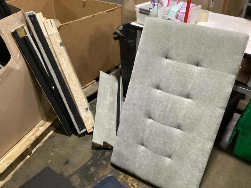 Condition photo showing As Is for mainstays hillside square tufted upholstered twin platform bed, light gray fabric