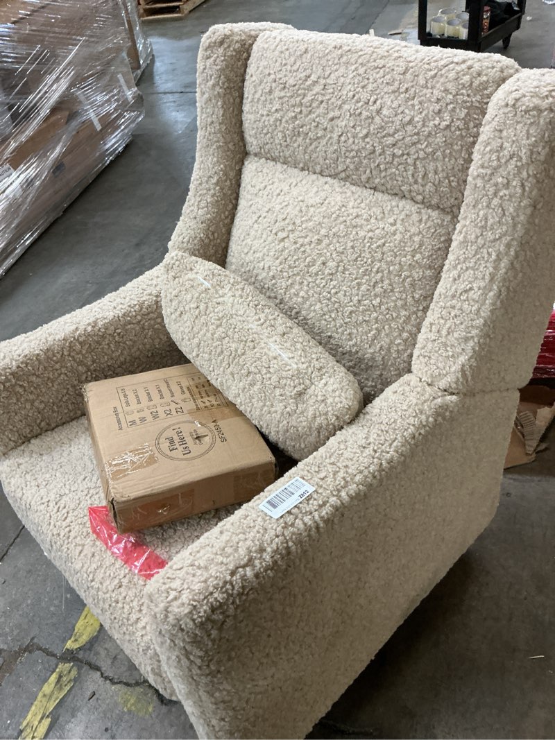 Condition photo showing As Is for babyletto kiwi plus power recliner and swivel glider with power headrest and usb port in chai shearling, greenguard gold and certipur-us certified chai shearling kiwi plus
