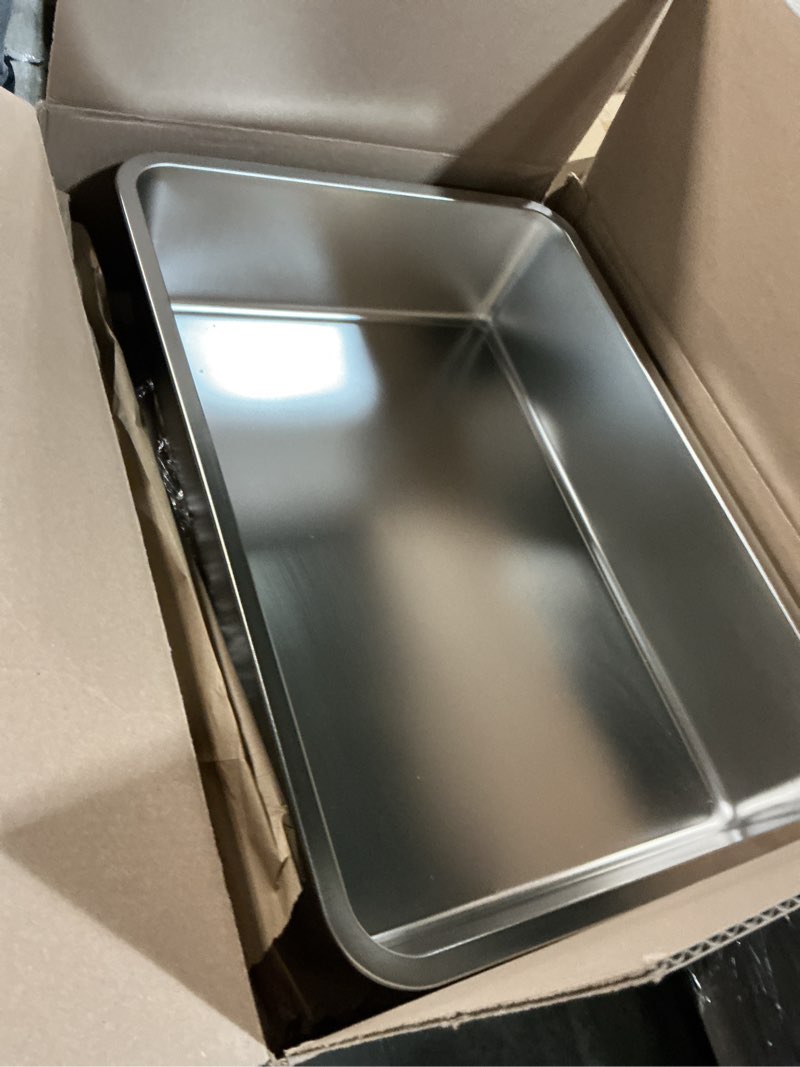 Condition photo showing As Is for Stainless Steel Litter Box with Handle, Large Metal Cat Litter Box with High Sided for Big and Small Cats, Kitty Litter Boxes, Non-Stick, Easy to Clean, Odor-Free, Small Cat Toilet