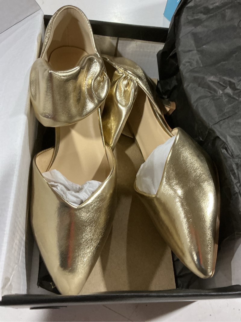 Condition photo showing Good Condition for women's kitten heels pointed closed toe ankle strap low pumps dress shoes slip on pumps for wedding party work 7 gold pu
