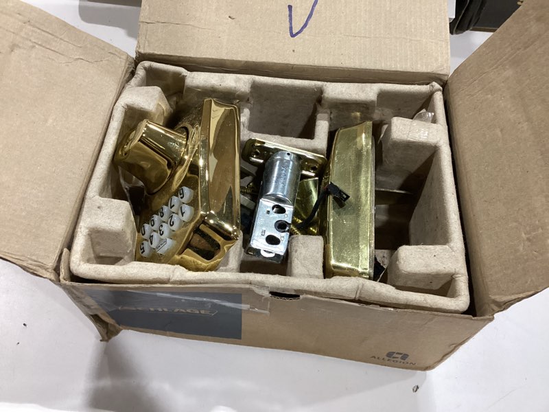 Condition photo showing As Is for schlage camelot electronic keypad deadbolt lock, keyless front door entry, mechanical key backup included, bright brass, be365 cam 505 bright brass camelot