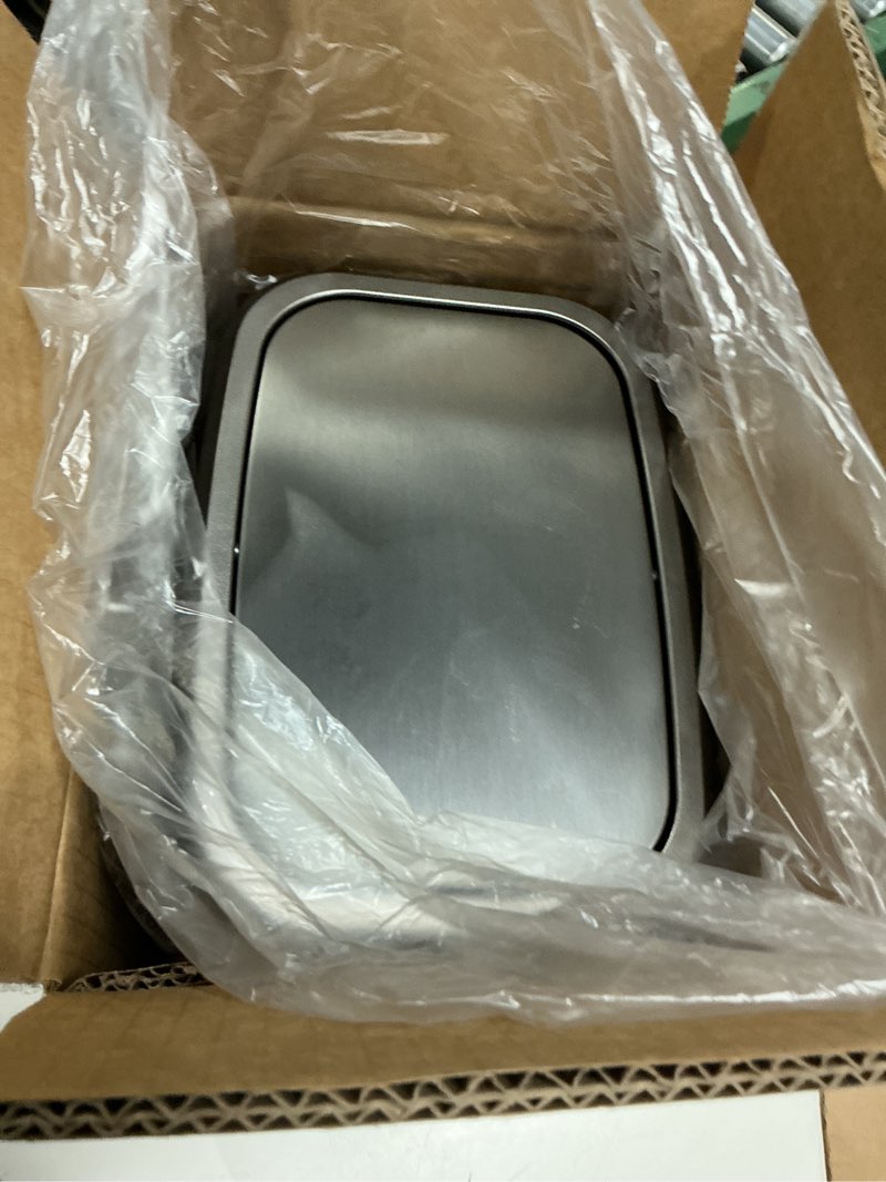 Condition photo showing As Is for bathroom trash can with lid, 8l/2.1 gallon silver trash can small garbage can with press top lid slim stainless steel garbage can with 100 counts trash bags for bathroom bedroom kitchen office toilet silver press-top trash can
