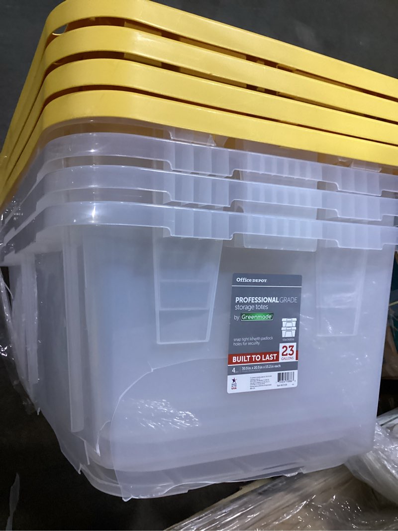 Condition photo showing As Is for office depot® greenmade® professional storage totes, 23 gallon, clear/yellow, pack of 4 totes