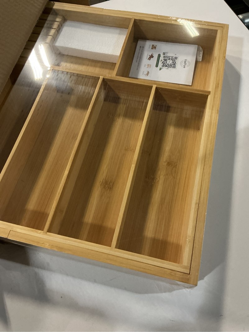 Condition photo showing Good Condition for VaeFae Extra Large Kitchen Utensil Holder, Bamboo Silverware Drawer Organizer, Expandable Cutlery Organizer with Knife Block, Multifunctional Drawer Divider 17.91" to 31.1" wide