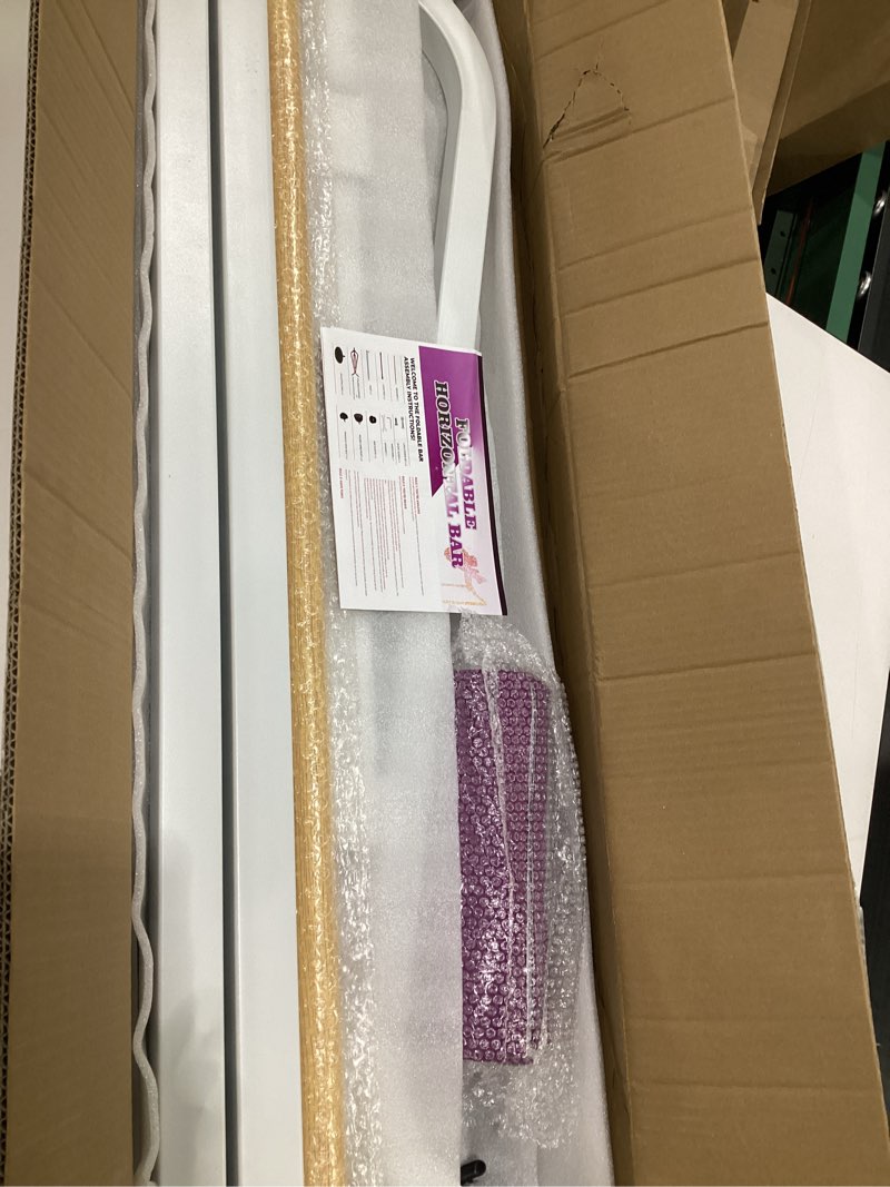 Condition photo showing Good Condition for Foldable & Moveable Gymnastics Horizontal Bar with Rings,3’to 5’Adjustable Height Expandable Junior Kip Bar for Home,Indoor Gym Equipment for Kids Foldable White with Rings