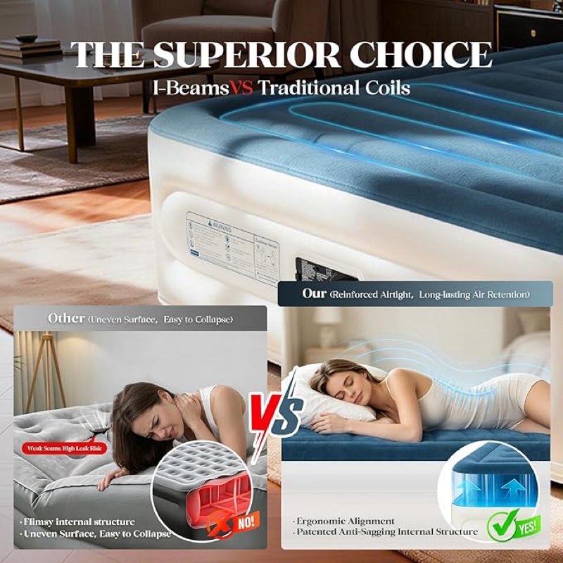similar to vosser queen air mattress with built-in pump,18''fast & easy inflation/deflation inflatable mattress, foldable blow up mattress with storage bag, inflatable bed for home, camping & guests