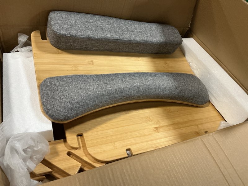 Condition photo showing Good Condition for amazer standing desk converter, 22 inch bamboo small sit stand up desk riser with lap desk computer desktop desk converter for monitor and laptop with keyboard tray natural
