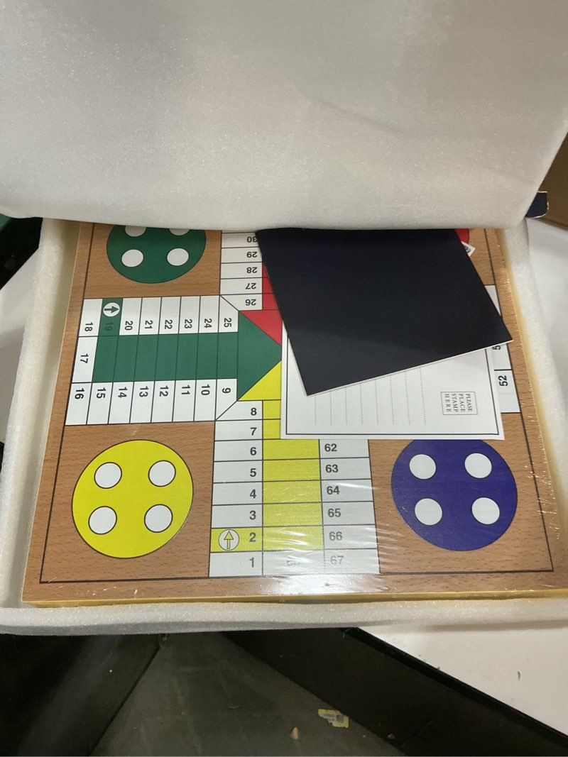 Condition photo showing New/Like New for amerous 12 inches wooden ludo board game - snakes and ladders, 2 in 1 reversible, 1-4 players family dice games set for kids, adults, classics tabletop version (gift box packed)
