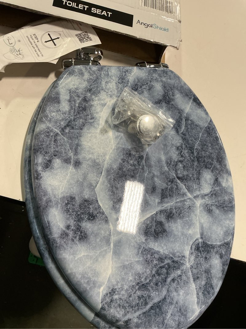 Condition photo showing New/Like New for Angol Shiold Elongated Toilet Seat Molded Wood Toilet Seat with Quietly Close and Quick Release Hinges, Easy to Install also Easy to Clean (Elongated, Blue Marble) Elongated-18.5” Blue Marble