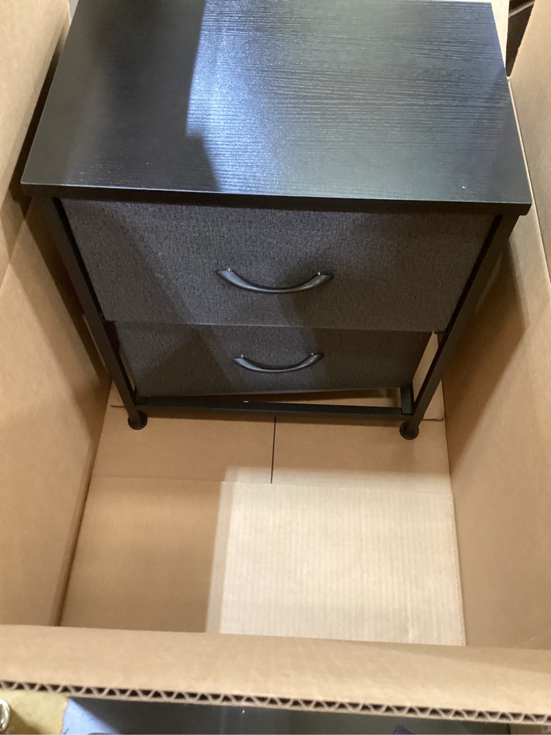 Condition photo showing As Is for wlive night stand, small dresser with drawers, dresser for bedroom with 2 fabric drawer, black bedside table end table, dorm nightstand, closet organizer, charcoal black wood grain print charcoal black wood grain print 1 piece