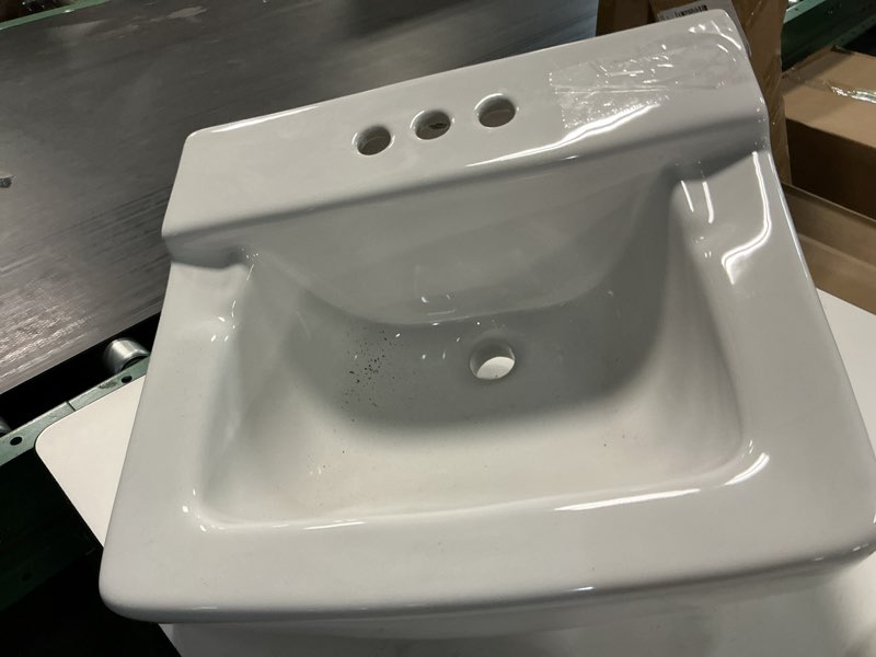 Condition photo showing As Is for  project source riverstone vitreous china 19.09-in wall-mount square traditional white bathroom sink