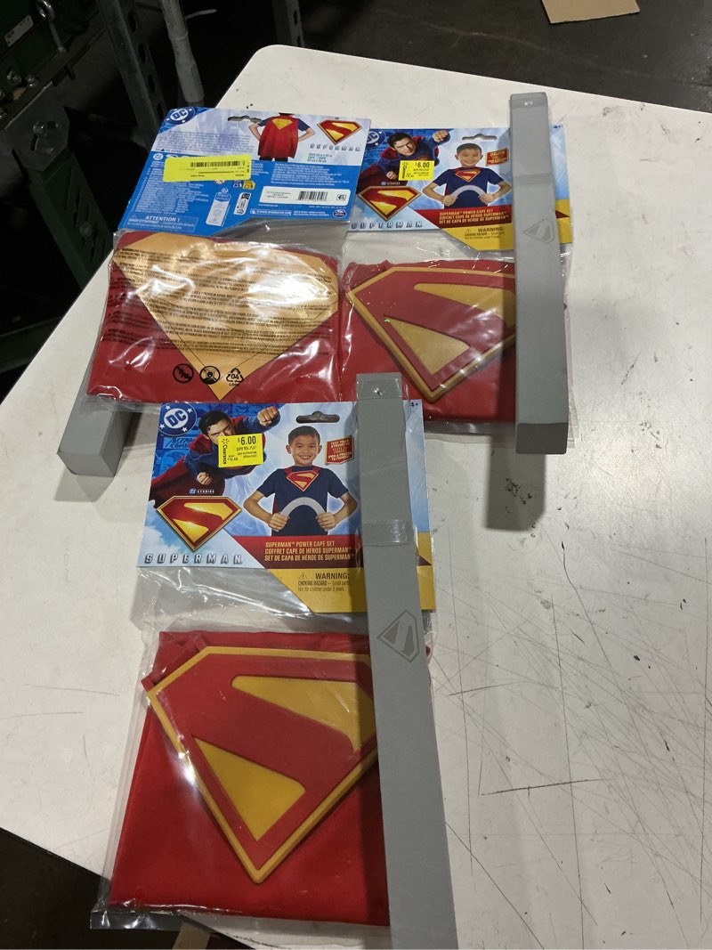 Condition photo showing Good Condition for dc comics, superman power cape set, super heroes halloween costume for kids with iconic chest plate for ages 4 and up one size multicolor (3 pieces)