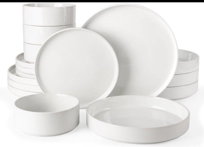 Famiware Nebula Dinnerware Set with Pasta Bowls, Service for 4 (16pcs), Fine Stoneware Plates and Bowls Sets, Microwave and Dishwasher Safe Dishes Set, White White Set(16pcs)