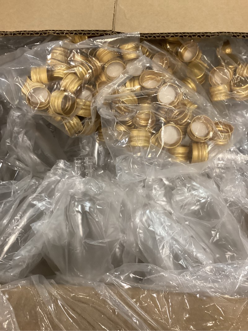 Condition photo showing New/Like New for yinder 100 pcs mini liquor bottles set 1.7oz bulk small empty plastic shot bottles with caps funnels kraft tags ropes alcohol spirit shot bottle for christmas party favors weddings(gold caps)