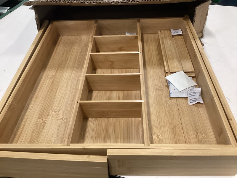 Condition photo showing As Is for KitchenEdge Adjustable Kitchen Drawer Organizer for Utensils and Junk, Food-Safe Contract Grade with 100% Sustainable Wood, Expandable from 19 to 33 Inches Wide - Natural Bamboo Natural Bamboo From 19" to 33" wide