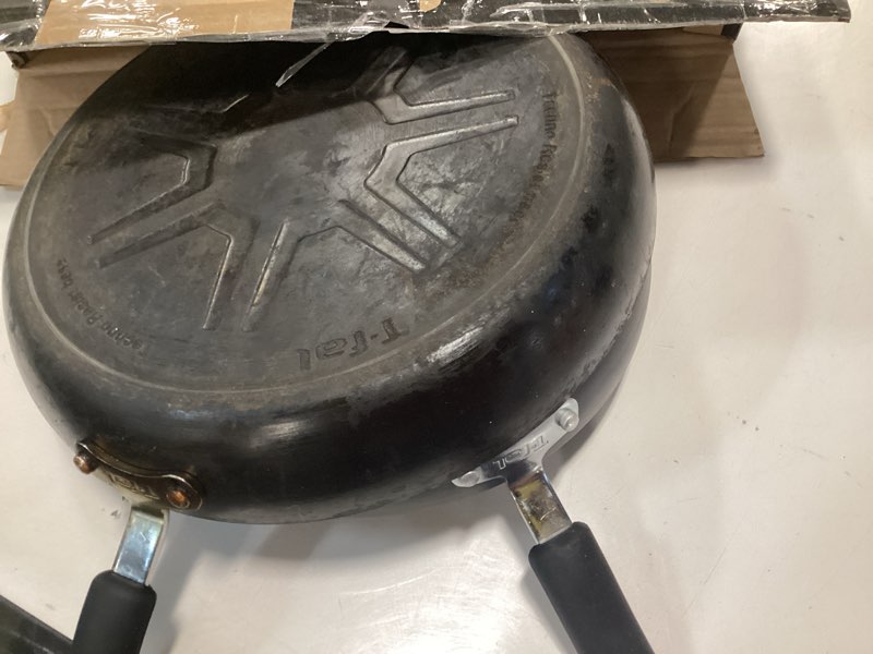 Condition photo showing As Is for T-fal Ultimate Hard Anodized Nonstick Fry Pan Set 2 Piece, 10, 12 Inch, Oven Broiler Safe 400F, Cookware, Pots and Pans Set Non Stick, Kitchen Frying Pans, Cooking Skillets, Dishwasher Safe, Grey Hard Anodized Nonstick 2 piece