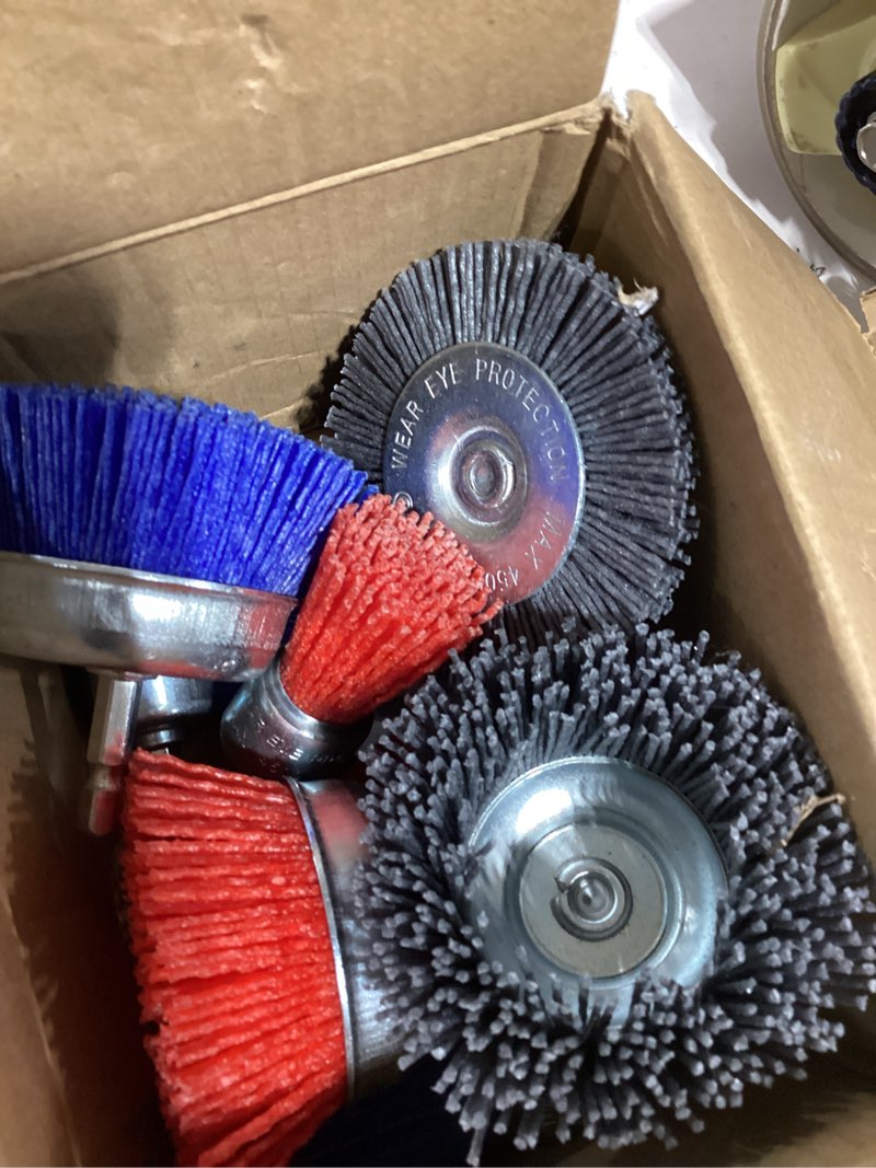 Condition photo showing As Is for 9 Pack Nylon Filament Brush, Abrasive Wire Brush Wheel & Cup Brush Set, Drill Bit Sanding Brush with 1/4” Hex Shank for Steel Rust Removing, Grill Cleaning, Flaking Paint Refinishing