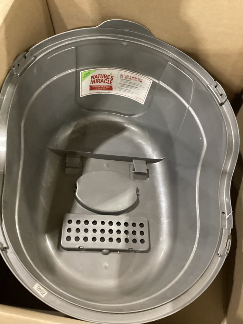 Condition photo showing As Is for nature’s miracle hooded flip top litter box for cats, with built-in odor control charcoal filter silver/grey