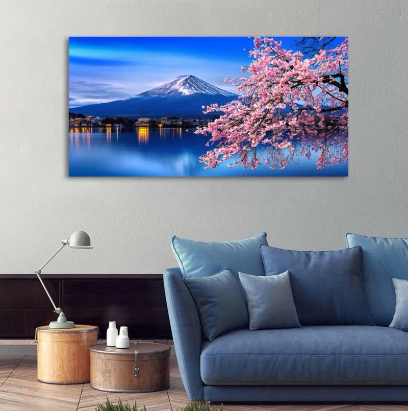aibonnly wall art canvas painting cherry blossoms mount fuji 1 piece mount fuji and the sakura blossoming lake picture poster print framed and stretched ready to hang for living room bedroom