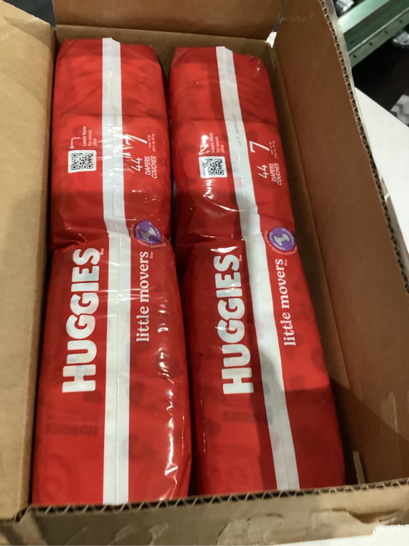 Condition photo showing New/Like New for huggies size 7 diapers, little movers baby diapers, size 7 (41+ lbs), 88 count (2 packs of 44), packaging may vary
