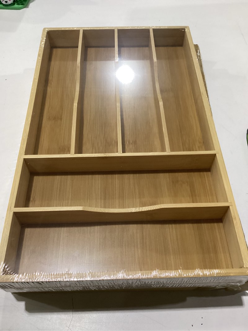 Condition photo showing New/Like New for bamboo silverware organizer, bamboo kitchen drawer cutlery organizer, utensil holder, flatware organizer tray (15.8"x11.7"x1.6") large bamboo