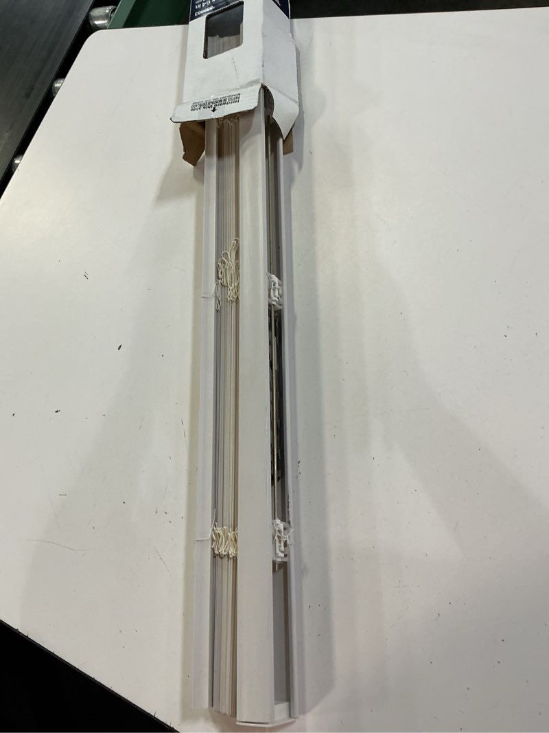 Condition photo showing As Is for (missing piece)project source light filtering 1-in slat width 27-in x 64-in cordless white vinyl light filtering mini-blinds