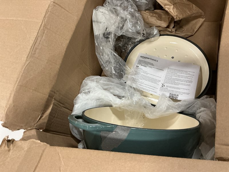 Condition photo showing As Is for Amazon Basics Cast Iron Dutch Oven Pot with Lid, Enameled, Round, Dual Handles, Heavy-Duty, Medium, 6-Quart, Gray Gray 6-Quart