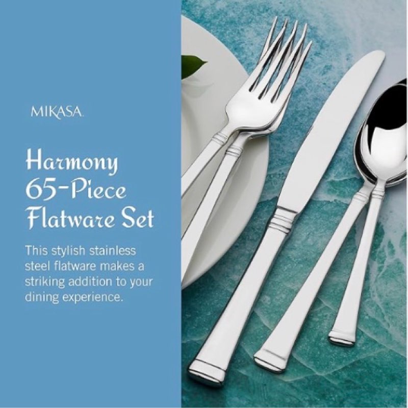 Mikasa 5100242 Satin Loft 45-Piece Stainless Steel Flatware Set, with Serveware, Service for 8