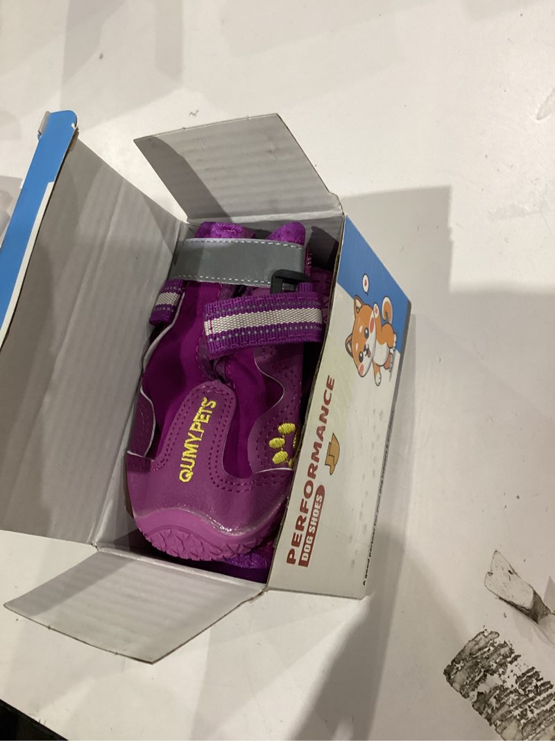 Condition photo showing Good Condition for QUMY Dog Shoes for Large Dogs, Medium Dog Boots & Paw Protectors for Winter Snowy Day, Summer Hot Pavement, Water-Resistant in Rainy Weather, Outdoor Walking, Indoor Hardfloors Skid-Resistant Sole Purple Size 3: 2.0''x2.5''(W*L) (Pack of 4)