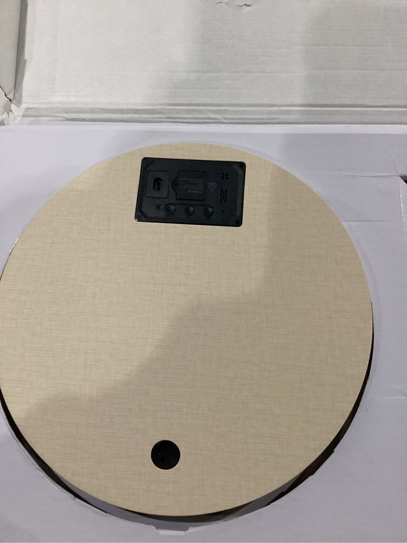 Condition photo showing As Is for mooas wood moon cordless digital led wall clock, time week temperature & humidity, sound sensor-auto brightness, modern décorative led clock for bedroom livingroom, wireless wall mount/wooden stand wood moon (cordless)