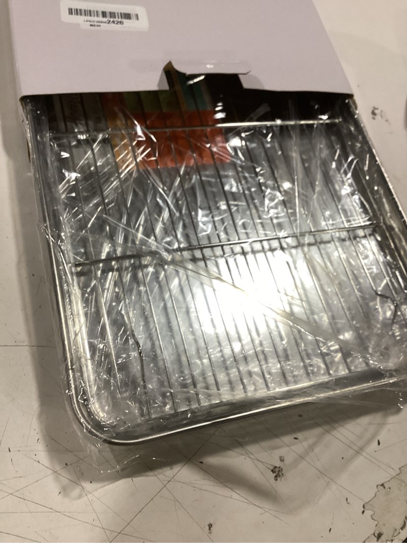 Condition photo showing Good Condition for homikit quarter sheet with rack (1 pan + 1 rack), 9x13 stainless steel baking pan with wire cooling rack for toaster oven roasting, metal bacon cookie trays nonstick & rust free, dishwasher safe 12.4x9.6x1 1