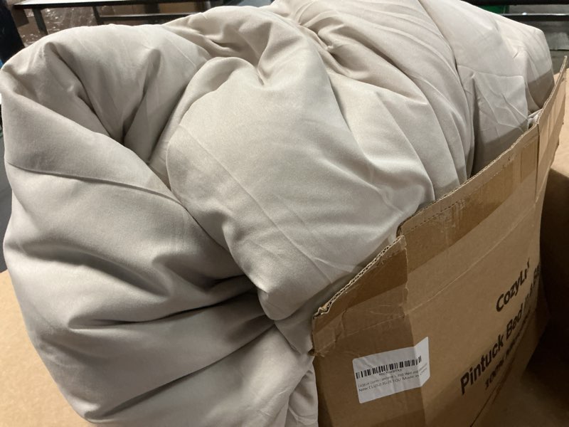 Condition photo showing As Is for cozylux queen comforter set beige, 7 pieces pintuck bed in a bag, premium beige comforter queen size, pinch pleat bedding sets with comforter, sheets, pillowcases & shams beige queen