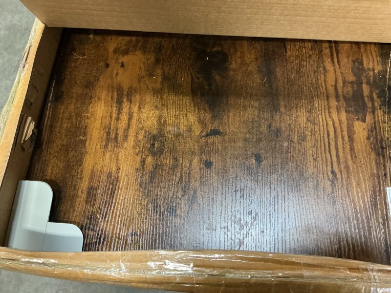 Condition photo showing As Is for DWVO 55" Extra Large Dog Crate Furniture, Heavy Duty Metal Dog Kennel TV Stand with Sliding Door, Wooden Dog Cage Table with Dog Bowl for Extra Large Medium Dogs or 2 Small Dogs, Rustic Brown Rustic Brown 55.1"L x 21.6"W x 31.5"H