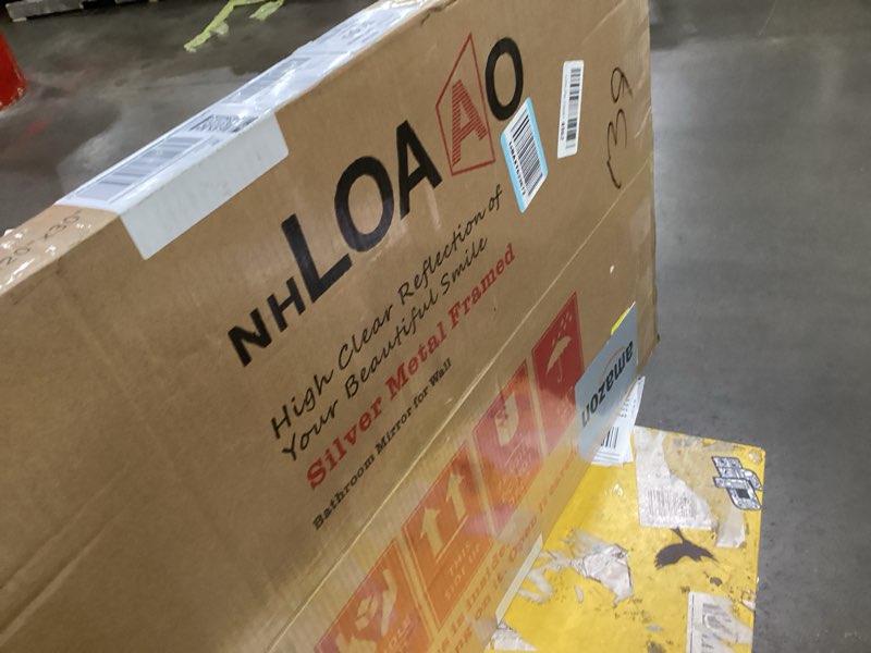 Condition photo showing As Is for LOAAO 20X30 Inch Brushed Nickel Bathroom Mirror, Rounded Rectangle Silver Metal Frame Mirror, Brushed Nickel, Anti-Rust, Shatter Proof, Hangs Horizontally or Vertically Brushed Nickel 20"L x 30"W