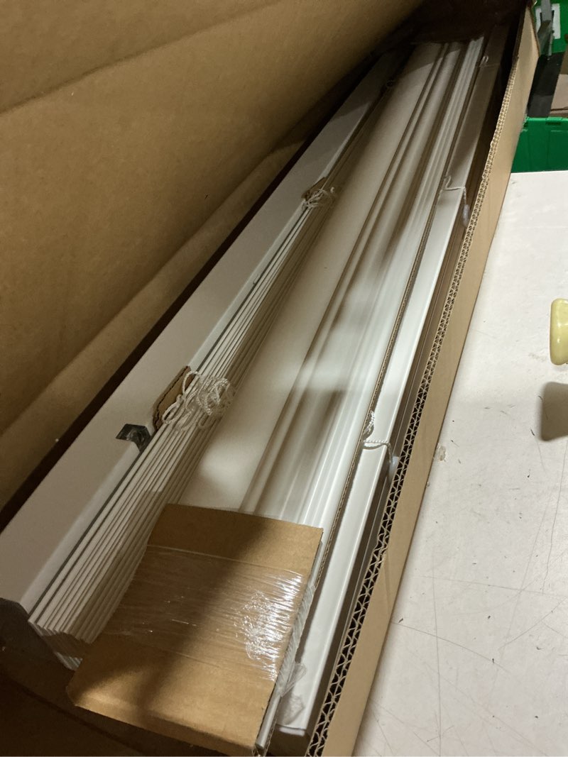 Condition photo showing As Is for lotus & windoware cordless, 2 inch faux wood blind, 35" wide x 72" long, window blinds, blinds & shades, blinds for indoor windows, embossed, bright white