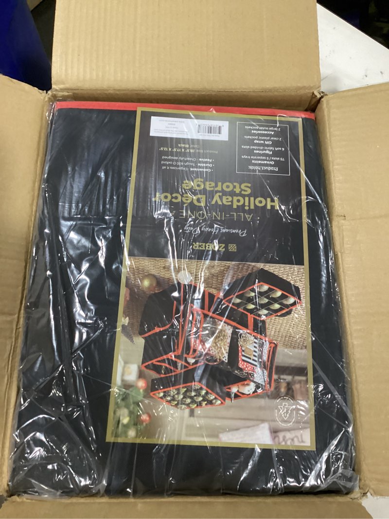 Condition photo showing New/Like New for ZOBER All in One Christmas Ornament Storage Box & Decoration Container - Easy Access Removable Trays, Keeps 73 Ornaments - Adjustable Extent Area for Figurines and Pockets for Decoration - Black