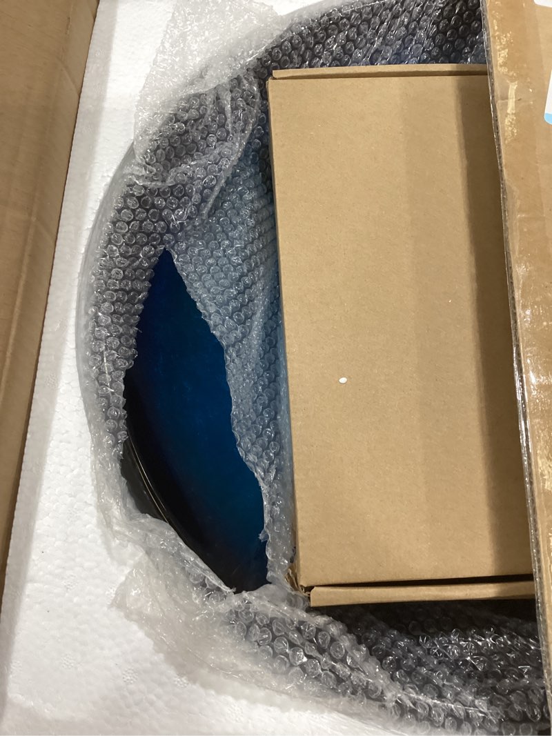 Condition photo showing As Is for bathroom tempered glass vessel sink black & blue round wash basin bowl waterfall mixer chrome brass faucets pop-up drain combo with cold & hot water hoses