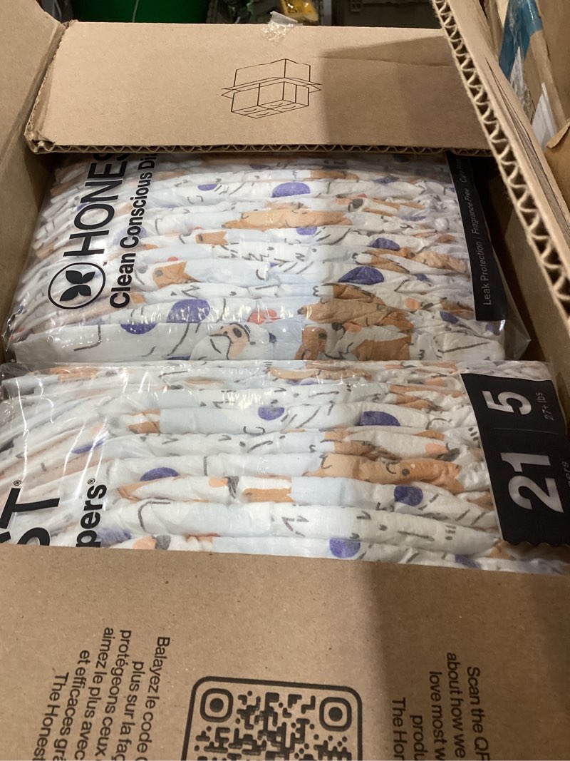 Condition photo showing Good Condition for The Honest Company Comfort Dry Disposable Diapers for Sensitive Skin, Hypoallergenic, All The Letters + It's a Pawty, Super Club Box, Size 5 (27 lbs), 84 Count Size 5 (84 Count) All the Letters + It's a Pawty