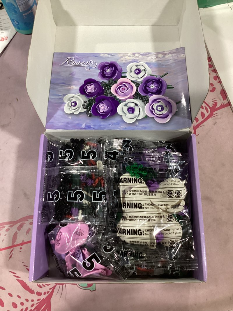 Condition photo showing Good Condition for pink & purple roses flower bouquet building set, everlasting botanical collection for adults, aesthetic home decor & romantic gift for women, anniversary 615pcs