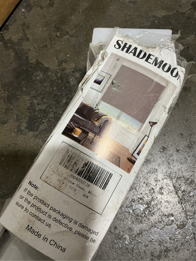 Condition photo showing As Is for SHADEMOON Blackout Cordless Roller Shades for Windows,Free-Stop System Blind with Valance,Pull Down Room Darkening Indoor Shades,Thermal Insulated UV Blocking Fabric,Home Office(White,60W x 72\" H) White 60W x 72\"H